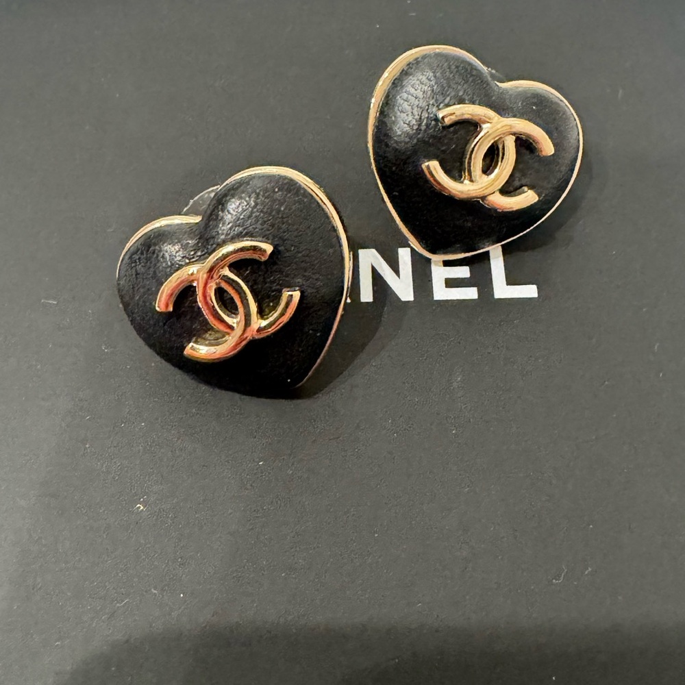 Chanel Fall Winter 2022 Black Leather Heart Stud Earrings Pierced with Box